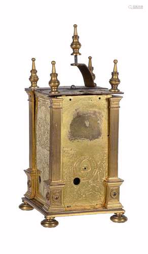 The remnants of a fine and rare German Renaissance small gilt brass steel-framed table clock, initia