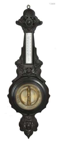 A French Bourdon pattern carved ebonised aneroid wheel barometer, Jules Richard, Paris, Late 19th ce