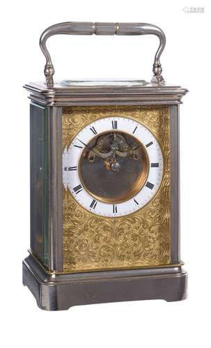 A fine and unusual silvered and engraved gilt brass calendar carriage clock with visible escapement