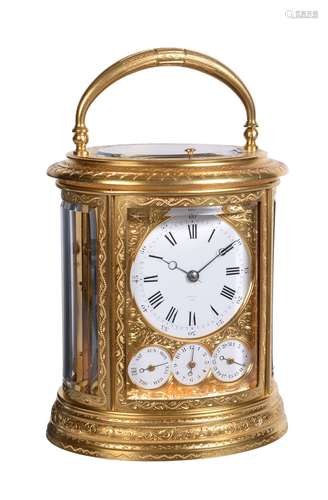 A fine engraved gilt brass oval grande-sonnerie striking calendar carriage clock with push-button re