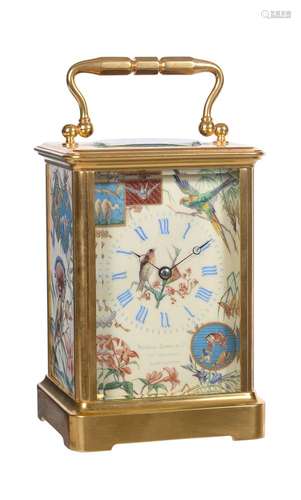 A French gilt brass carriage timepiece with fine Aesthetic style porcelain panels, Margaine for reta