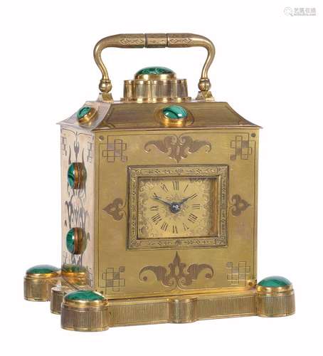 A very unusual French malachite cabochon mounted engraved gilt brass carriage clock, Roblin and Fils