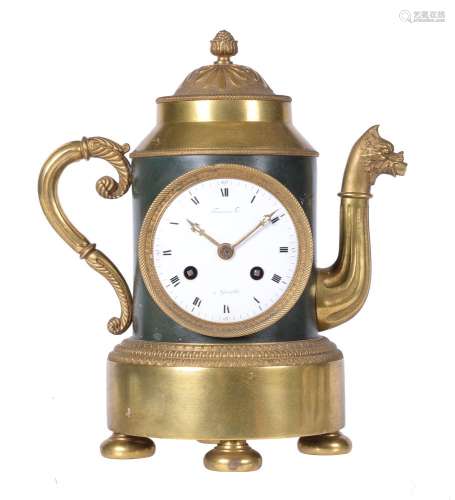 A fine and rare French Empire ormolu and patinated bronze mantel clock in the form of a teapot, Four