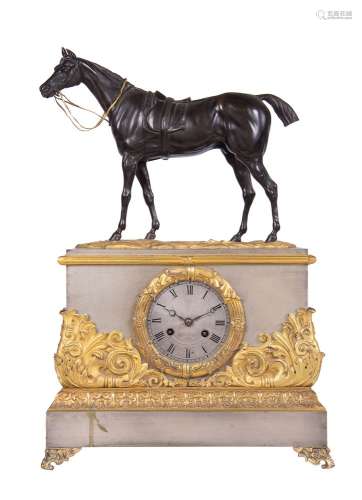 A French Louis Philippe patinated, silvered and gilt bronze equestrian mantle clock, Dupont, Paris,