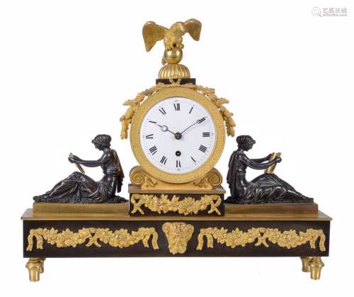 A Regency ormolu and patinated bronze figural mantel timepiece, unsigned but probably by Baetens, Lo
