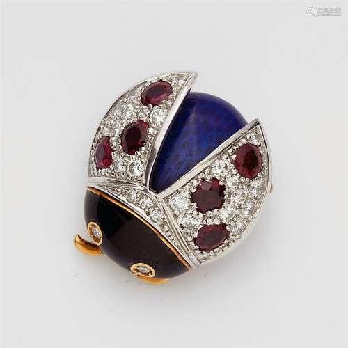 An 18k gold enamel and coloured gemstone stone ladybird clip brooch18k bi-coloured gold brooch