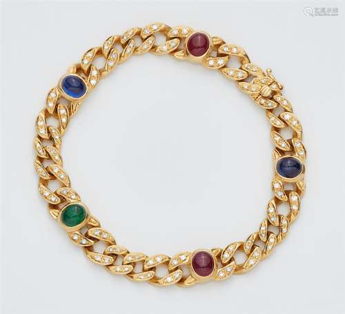 An 18k gold and coloured gemstone braceletSmooth chain set with 8/8-cut diamonds (in total 0.96 ct),