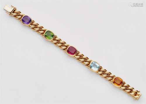 An 18k gold and coloured gemstone braceletDesigned as a thick chain set with five cushion shaped