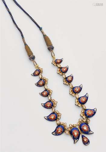 An Indian 22k gold enamel and diamond necklaceDesigned as a strand of graduated droplets decorated