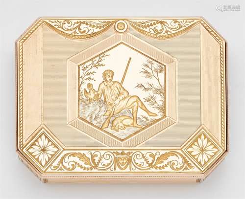 A Neoclassical 14k gold snuff boxRectangular box with geometric guilloche decor to all faces flanked