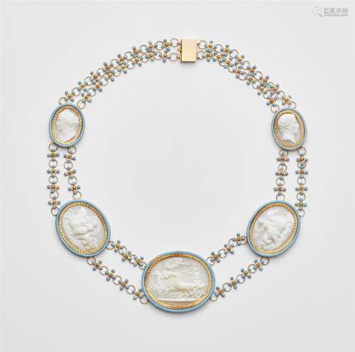 A Neoclassical 18k gold cameo necklaceTwo-stranded necklace designed as a garland of rosette-