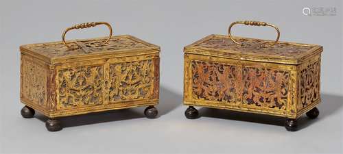 A pair of rare Baroque chestsGilt copper chests with remnants of red cloth, one with a later