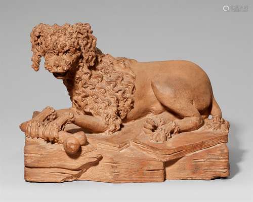 A terracotta model of a poodle with a boneDepicting a shorn poodle lying on a stone plinth holding a