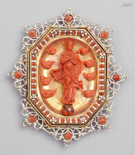 A small Trapani coral devotional plaquePierced and gilded copper panel with white email champlevé