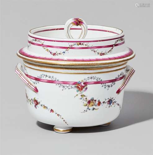 A three-piece Ansbach porcelain ice pail with floral garlandsWith original lid and dish inset with a