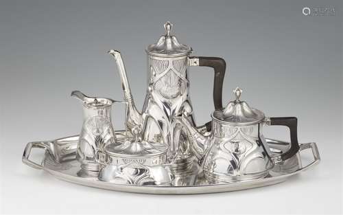 A silver tea and coffee service by OrivitConsisting of teapot, coffee pot, sugar dish, milk jug, and