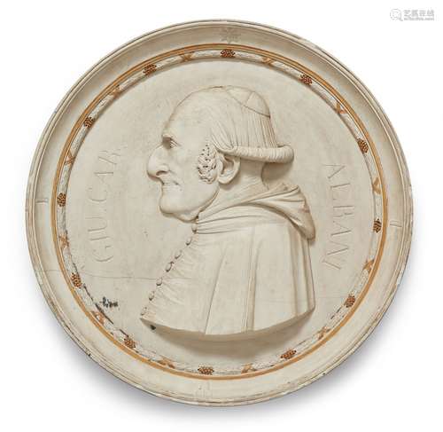 Portrait of Cardinal Giuseppe Andrea AlbaniKalkstein, Vergoldung. A gilt limestone tondo with a