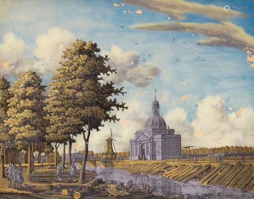 An eglomisé painting of Muiderpoort in AmsterdamEtched gold and silver foil and polychrome oil