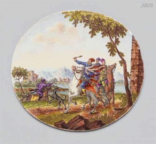 An oval Ludwigsburg porcelain plaque with scenes from the Ottoman warDecorated with a scene of