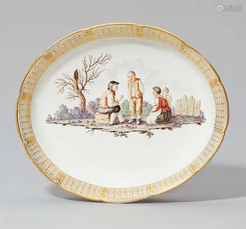 An oval Nymphenburg porcelain dish with a peasant scenePainted with a depiction of three adult