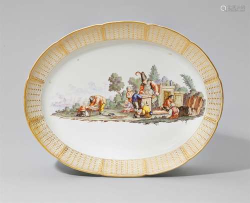 An oval Nymphenburg porcelain plaque with a peasant sceneWith ozier moulded border picked out in