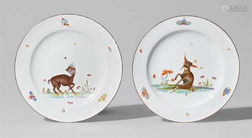 Two Meissen porcelain plates from a service with chimaerasPorzellan, polychromer Emaildekor, brauner