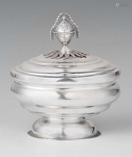 A rare Tübingen sugar boxSilver Oval sugar box on a waisted base, the finial formed as a festooned