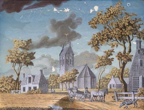 An eglomisé painting with a Dutch village sceneEtched gold and silver foil and polychrome oil