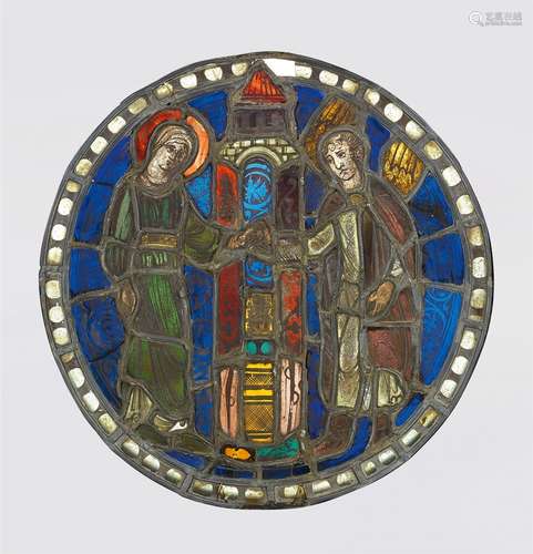 A Gothic stained glass roundel with Saint Joachim and Saint Anne meeting by the Golden GateBlue