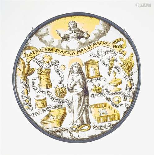 A Renaissance stained glass roundel with the Madonna ImmaculataColourless glass with grisaille and