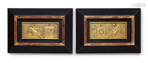 A pair of ormolu relief plaques with puttiRectangular fire-gilt bronze plaques decorated with