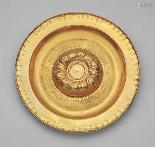 A Nuremberg brass “beckenschlägerschüssel”Embossed brass bowl with tracery in bas relief, the rim