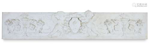 A white marble chimney pieceWhite Carrara marble mantle attica with two putti supporting a coat of