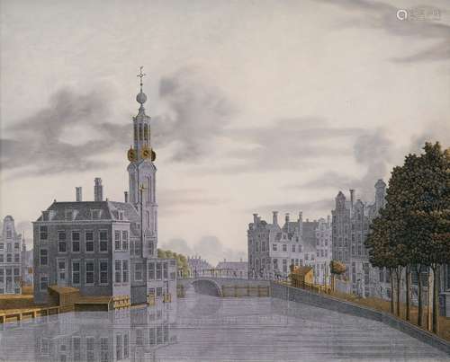 An eglomisé painting of Singel and Munttoren in AmsterdamEtched gold and silver foil and