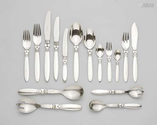 A silver cutlery set by Georg Jensen, model no. 30Cactus model. 136-piece set comprising of 12