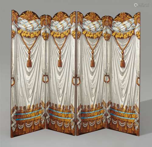 A folding screen with trompe l'oeil draperyWooden four-panelled folding screen with replaced iron