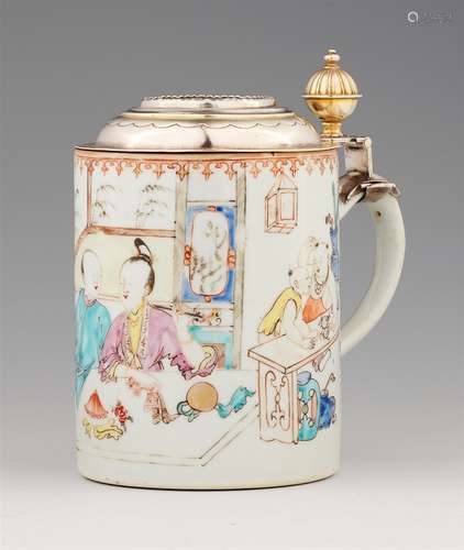 A Riga silver-mounted porcelain tankardQianlong porcelain vessel in a silver-gilt setting. The