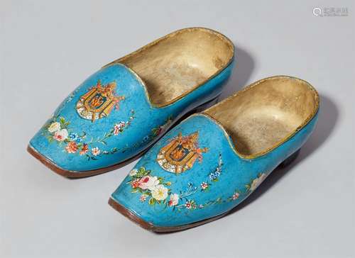 A rare pair of wooden shoes with the coat of arms of Emperor NapoleonWooden clogs with lacquered