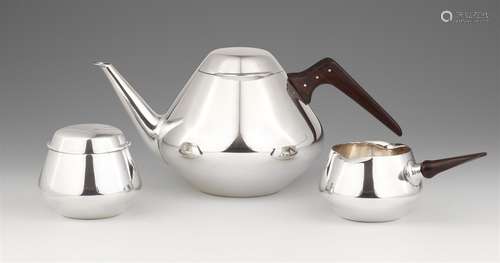 A Schwäbisch-Gmünd silver tea serviceComprising a teapot, sugar box, and milk jug. Of waisted design