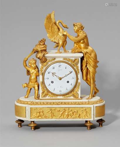 A Louis XVI pendulum clockOrmolu clock on a white marble base, glazed white enamel dial with black