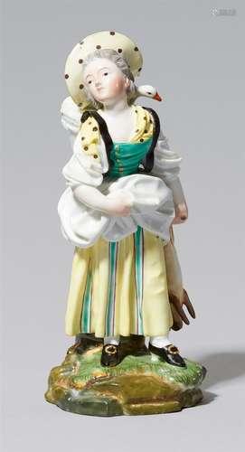 A Höchst porcelain figure of a poultry sellerStanding figure of a peasant girl with a goose and a