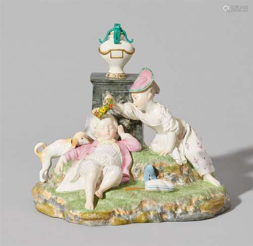 A Höchst porcelain group “the crowned sleeper”Model depicting two children and a dog on an earth