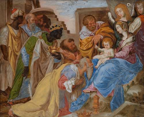 A Italian reverse glass painting of the Adoration of the MagiOil painting behind glass. Some very