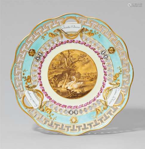 A rare Meissen porcelain plate with allegorical decorWith pierced meander border and rim with