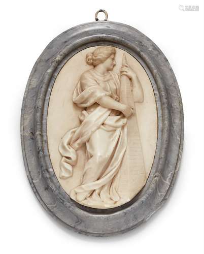 A pair of marble plaques with allegorical figuresOval white marble plaques in a pale grey frame. One