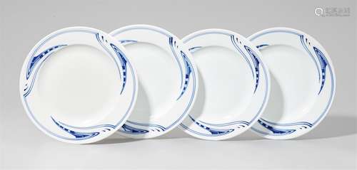 Four Meissen porcelain dinner plates by Henry van de VeldeBlue crossed swords mark with pronounced