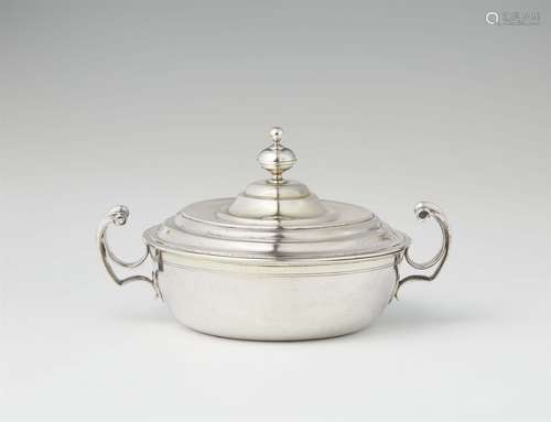 A North Italian parcel gilt silver ecuelleRound dish with curved handles, the stepped slip lid