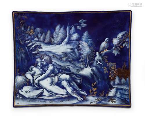 A Limoges enamel plaque with Venus and AdonisCopper panel with monochrome enamel “en grisaille”