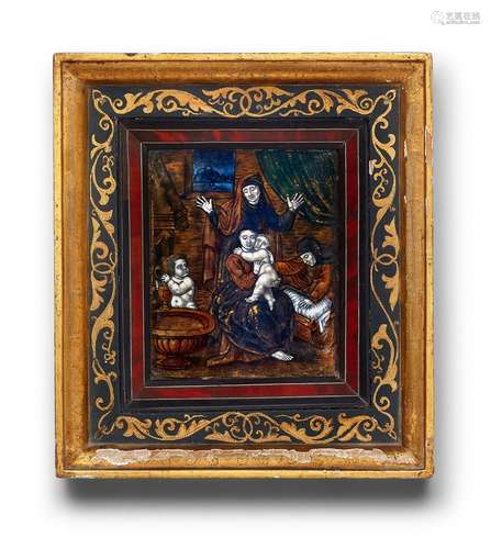 An enamelled plaque with the Virgin and ChildCopper panel with polychrome enamel and remains of