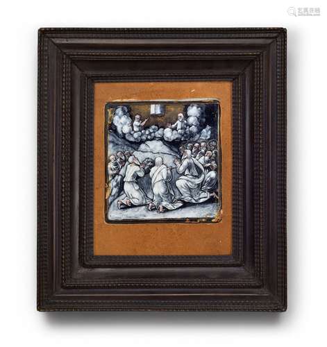 A copper plaque with the Ascension of ChristCopper panel with monochrome enamel décor “en grisaille”